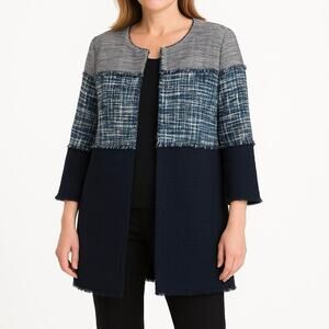 .Chico’s Tweed Colorblock Fringe Jacket Navy Blue 1.5 (Womens US 12) Old Money